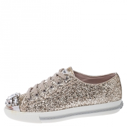 Miu Miu Gold Coarse Glitter Leather Crystal Embellished Cap Toe Lace Up Sneakers Size 36.5