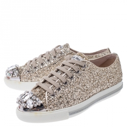 Miu Miu Gold Coarse Glitter Leather Crystal Embellished Cap Toe Lace Up Sneakers Size 36.5