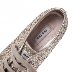 Miu Miu Gold Coarse Glitter Leather Crystal Embellished Cap Toe Lace Up Sneakers Size 36.5