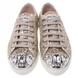 Miu Miu Gold Coarse Glitter Leather Crystal Embellished Cap Toe Lace Up Sneakers Size 36.5