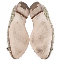 Miu Miu Gold Coarse Glitter Fabric And Leather Tassel Pointed Toe Flats Size 39.5