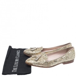 Miu Miu Gold Coarse Glitter Fabric And Leather Tassel Pointed Toe Flats Size 39.5