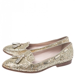 Miu Miu Gold Coarse Glitter Fabric And Leather Tassel Pointed Toe Flats Size 39.5