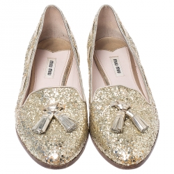 Miu Miu Gold Coarse Glitter Fabric And Leather Tassel Pointed Toe Flats Size 39.5