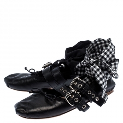 Miu Miu Black Belted Leather Ankle Wrap Ballet Flats Size 37.5