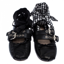 Miu Miu Black Belted Leather Ankle Wrap Ballet Flats Size 37.5