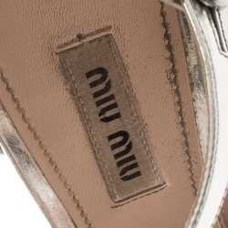 Miu Miu Silver Leather T Strap Crystal Embellished Heel Platform Sandals Size 37.5