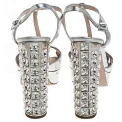 Miu Miu Silver Leather T Strap Crystal Embellished Heel Platform Sandals Size 37.5