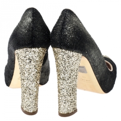 Pre Owned Miu Miu Black Metallic Calf Hair Glitter Trimmed Pumps Size 38