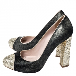 Pre Owned Miu Miu Black Metallic Calf Hair Glitter Trimmed Pumps Size 38