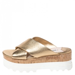 Miu Miu Gold Textured Leather Cross Strap Cork Flatform Slides Size 39.5