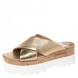 Miu Miu Gold Textured Leather Cross Strap Cork Flatform Slides Size 39.5