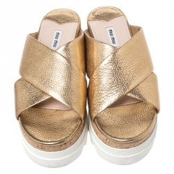 Miu Miu Gold Textured Leather Cross Strap Cork Flatform Slides Size 39.5
