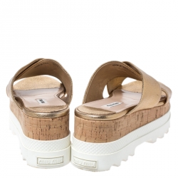 Miu Miu Gold Textured Leather Cross Strap Cork Flatform Slides Size 39.5