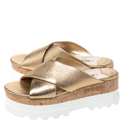 Miu Miu Gold Textured Leather Cross Strap Cork Flatform Slides Size 39.5