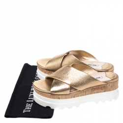 Miu Miu Gold Textured Leather Cross Strap Cork Flatform Slides Size 39.5