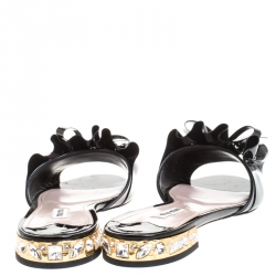 Pre Owned Miu Miu Black Ruffle Patent Leather Crystal Embellished Slide Sandals Size 40