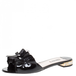 Pre Owned Miu Miu Black Ruffle Patent Leather Crystal Embellished Slide Sandals Size 40