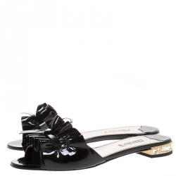 Pre Owned Miu Miu Black Ruffle Patent Leather Crystal Embellished Slide Sandals Size 40