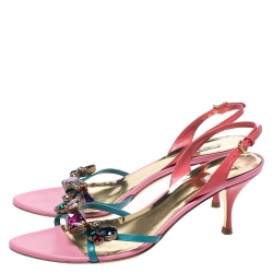 Miu Miu Multicolor Crystal Embellished Leather Slingback Sandals Size 38