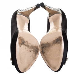 Pre Owned Miu Miu Black Satin Crystal Embellished Heel Peep Toe Platform Pumps Size 39