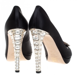 Pre Owned Miu Miu Black Satin Crystal Embellished Heel Peep Toe Platform Pumps Size 39