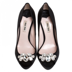Pre Owned Miu Miu Black Satin Crystal Embellished Heel Peep Toe Platform Pumps Size 39