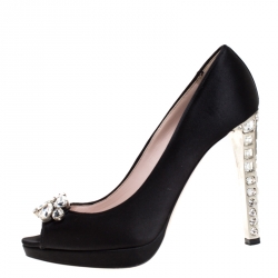 Pre Owned Miu Miu Black Satin Crystal Embellished Heel Peep Toe Platform Pumps Size 39