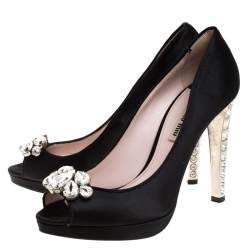 Pre Owned Miu Miu Black Satin Crystal Embellished Heel Peep Toe Platform Pumps Size 39