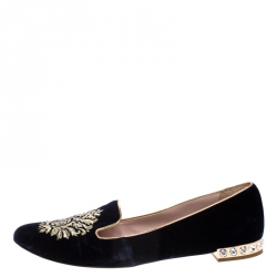 Miu Miu Black Velvet Crest Embellished Smoking Slippers Size 40