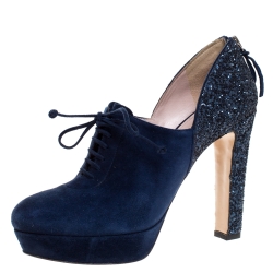 مملوكة مسبقًا Miu Miu Navy Blue Suede and Glitter Lace Booties Size 38