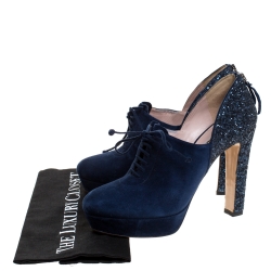 مملوكة مسبقًا Miu Miu Navy Blue Suede and Glitter Lace Booties Size 38