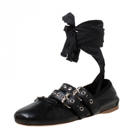 Miu Miu Black Leather Buckle Bow Ballet Flats Size 38.5