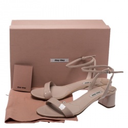 Miu Miu Beige Patent Leather Ankle Strap Block Heel Sandals Size 39
