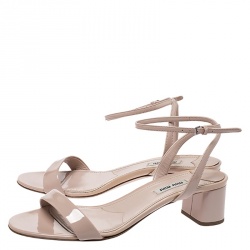 Miu Miu Beige Patent Leather Ankle Strap Block Heel Sandals Size 39
