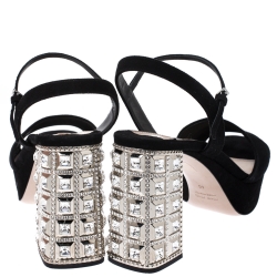 Miu Miu Black Suede Crystal Embellished Heel Ankle Strap Platform Sandals Size 40