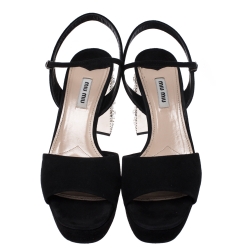 Miu Miu Black Suede Crystal Embellished Heel Ankle Strap Platform Sandals Size 40