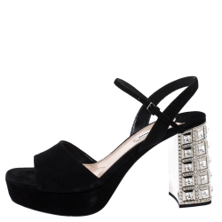Miu Miu Black Suede Crystal Embellished Heel Ankle Strap Platform Sandals Size 40