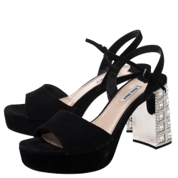 Miu Miu Black Suede Crystal Embellished Heel Ankle Strap Platform Sandals Size 40