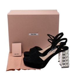 Miu Miu Black Suede Crystal Embellished Heel Ankle Strap Platform Sandals Size 40