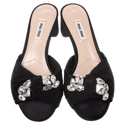 Miu Miu Black Satin Crystal Embellished Open Toe Sandals Size 38.5