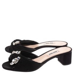 Miu Miu Black Satin Crystal Embellished Open Toe Sandals Size 38.5