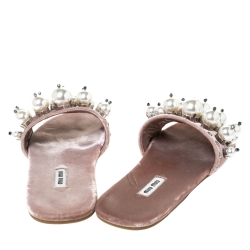 Pre Owned Miu Miu Pink Velvet Faux Pearl Embellished Flat Sandals Size 38