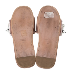 Pre Owned Miu Miu Pink Velvet Faux Pearl Embellished Flat Sandals Size 38