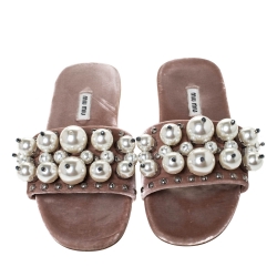 Pre Owned Miu Miu Pink Velvet Faux Pearl Embellished Flat Sandals Size 38