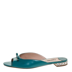 Pre Owned Miu Miu Blue Patent Leather Crystal Embellished Heel Bow Flat Slides Size 39