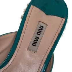 Pre Owned Miu Miu Blue Patent Leather Crystal Embellished Heel Bow Flat Slides Size 39