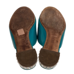 Pre Owned Miu Miu Blue Patent Leather Crystal Embellished Heel Bow Flat Slides Size 39