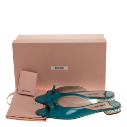 Pre Owned Miu Miu Blue Patent Leather Crystal Embellished Heel Bow Flat Slides Size 39