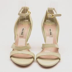 Pre Owned Miu Miu Cream Embossed Leather Ankle Strap Sandals Size 36.5